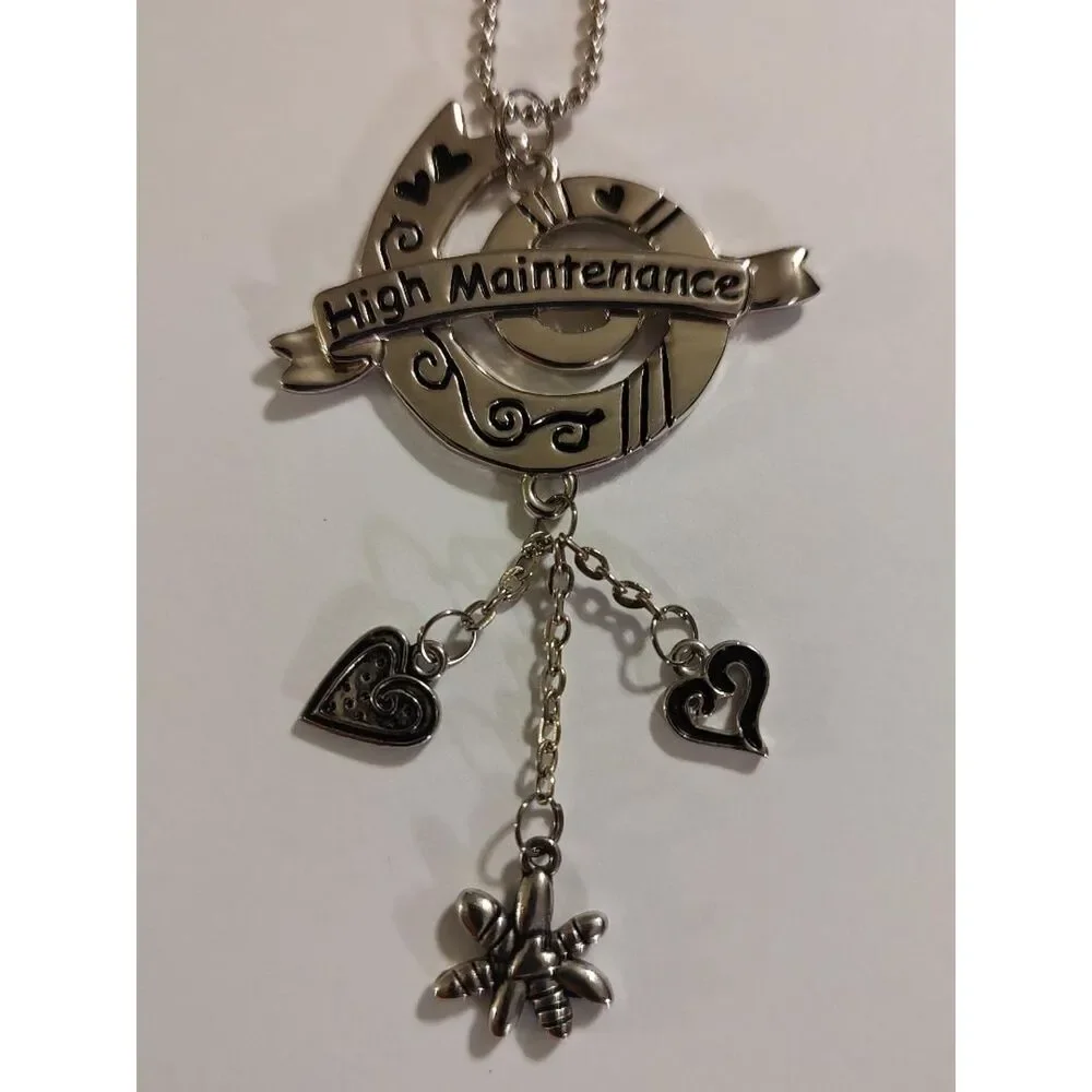 VTG Style High Maintenance Silver Tone Heart Flower Swirl Ribbon Charm Keychain